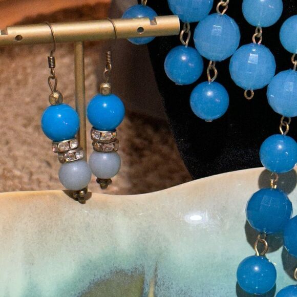 Blue Beaded Statement Necklace with Matching Earrings - Picture 2 of 3